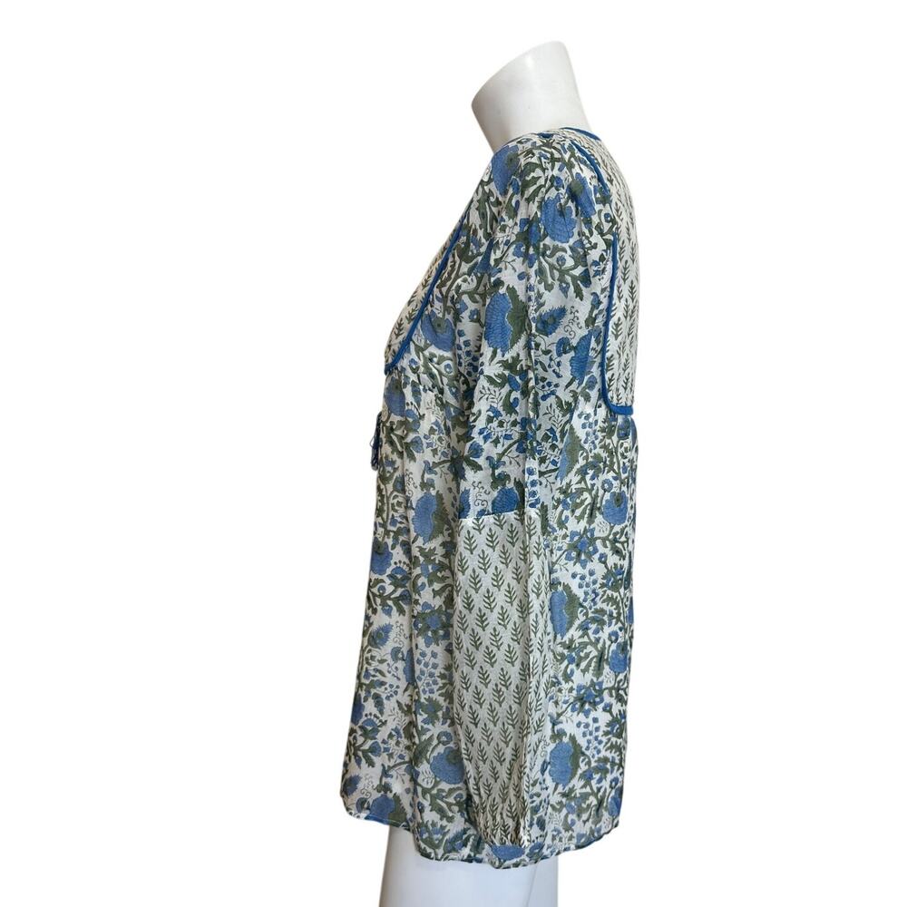 SZ Blockprints Boho Floral Tunic Silk Cotton Tassel Tie Blue Green Block Print S - Picture 7 of 12
